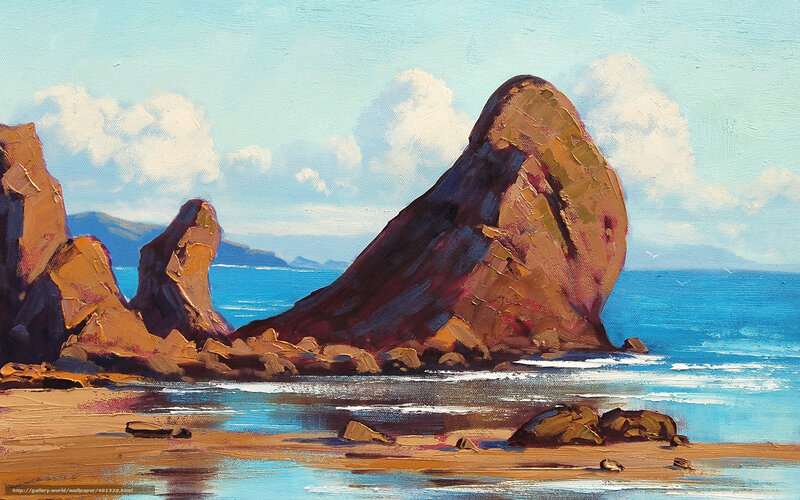 Rock Formations on Beach — Blue, Serene, Afternoon, Painting