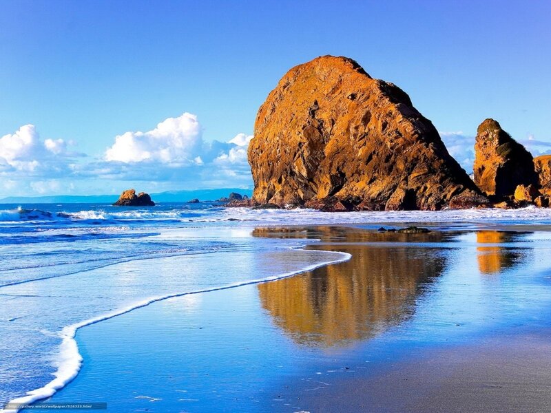 Rock Formations on Beach — Blue, Serene, Afternoon, Photograph, Ocean, Sky, Clouds, Brown