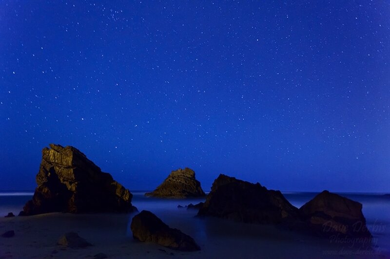 Rock Formations on Beach — Blue, Serene, Night