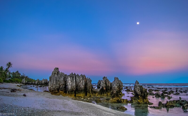 Rock Formations on Beach — Blue, Serene, Sunset, Photograph, Moon