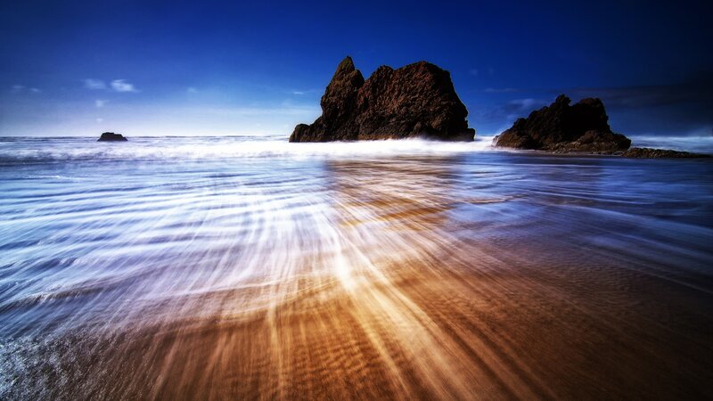 Rock Formations on Beach — Blue, Serene, Sunset, Photograph, Ocean, Sky