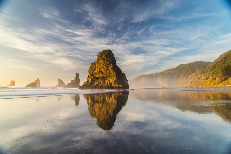 Rock Formations on Beach — Blue, Serene, Sunset, Photograph, Ocean, Sky, Trees