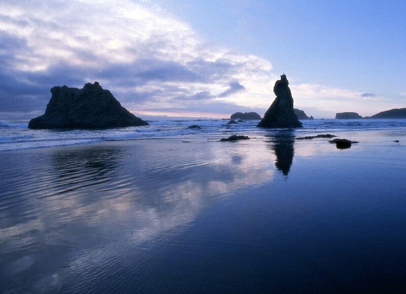 Rock Formations on Beach — Blue, Serene, Sunset, Photograph, Ocean