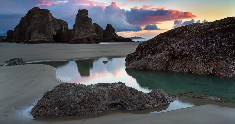 Rock Formations on Beach — Blue, Serene, Sunset, Photograph, Rocks, Sky