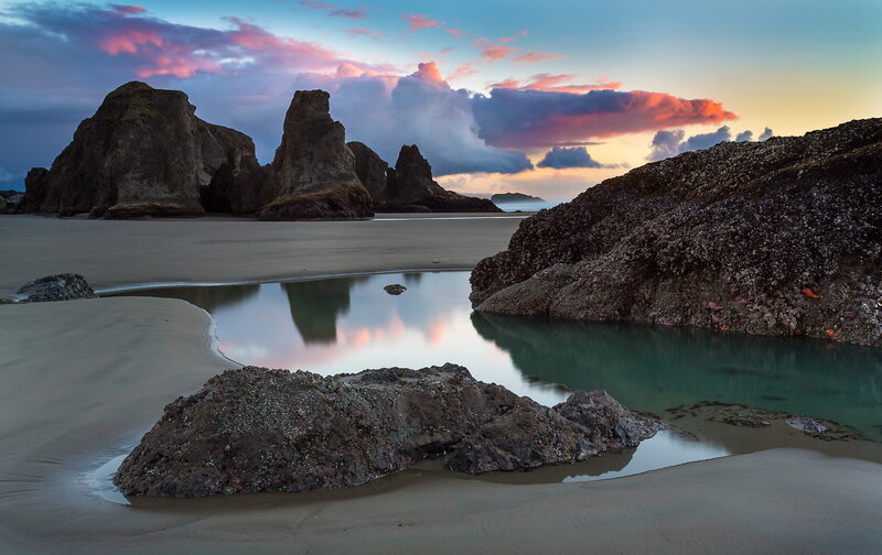 Rock Formations on Beach — Blue, Serene, Sunset, Photograph, Rocks