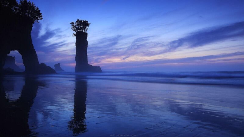 Rock Formations on Beach — Blue, Serene, Sunset, Photograph, Trees