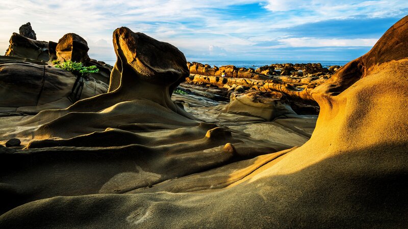 Rock Formations on Beach — Brown, Dramatic, Sunset