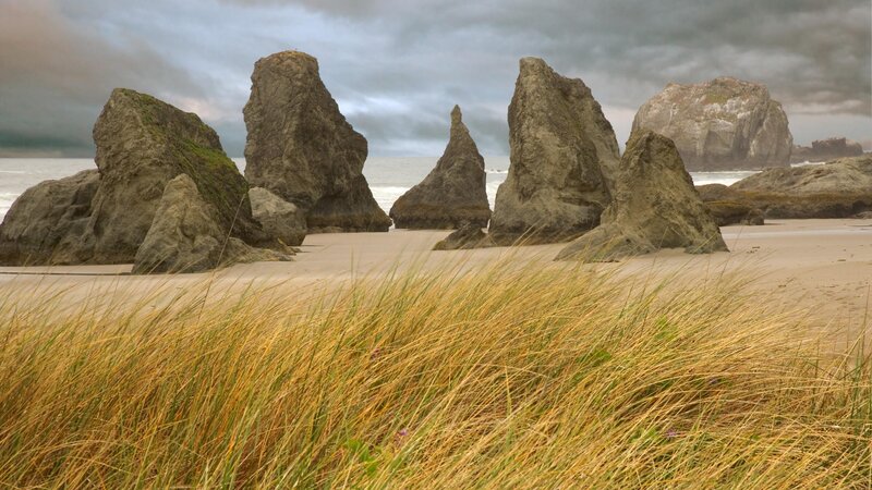 Rock Formations on Beach — Gray, Dramatic, Photograph, Sand