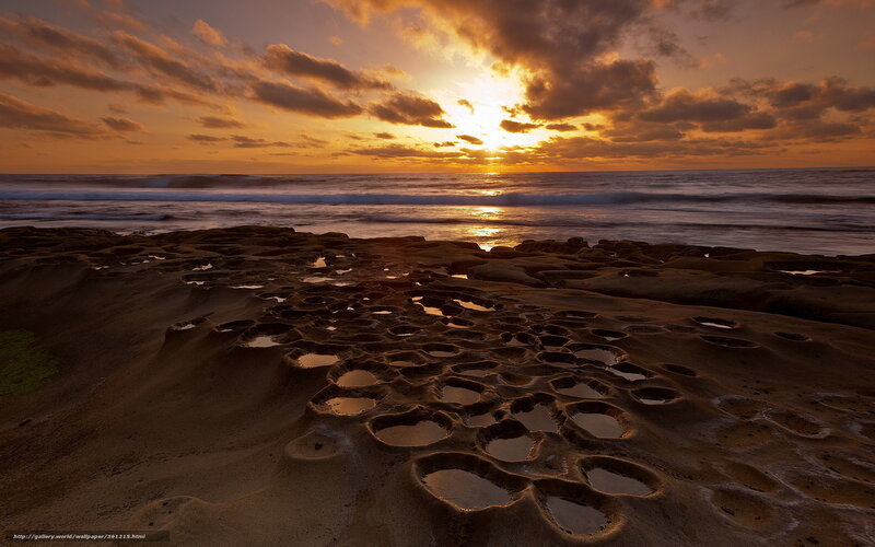 Rock Formations on Beach — Orange, Dramatic, Sunset, Photograph, Ocean, Sun, Clouds