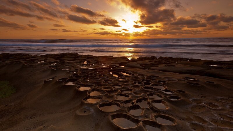 Rock Formations on Beach — Orange, Dramatic, Sunset, Photograph, Ocean, Sun