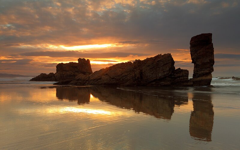 Rock Formations on Beach — Orange, Dramatic, Sunset, Photograph, Ocean