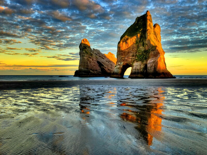Rock Formations on Beach — Orange, Dramatic, Sunset, Photograph, Sea
