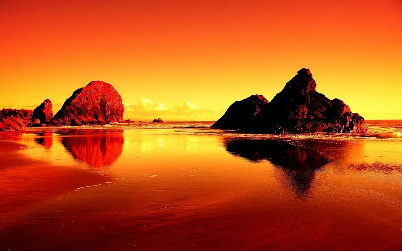 Rock Formations on Beach — Orange, Dramatic, Sunset