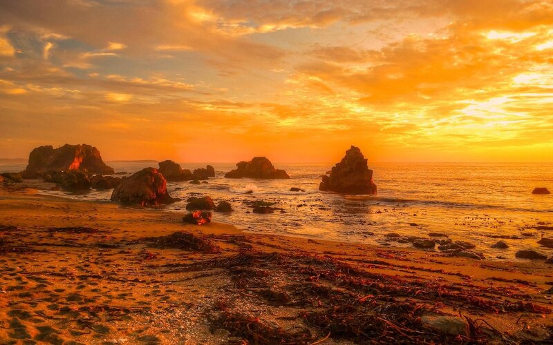 Rock Formations on Beach — Orange, Serene, Sunset, Photograph, Ocean