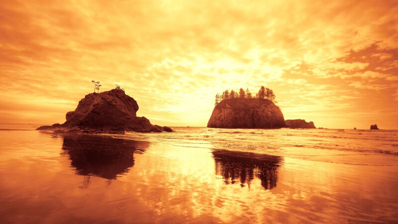 Rock Formations on Beach — Orange, Serene, Sunset, Photograph