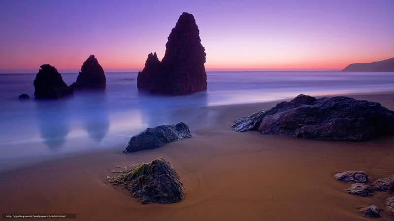 Rock Formations on Beach — Purple, Serene, Sunset, Photograph