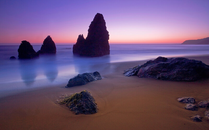 Rock Formations on Beach — Purple, Serene, Sunset