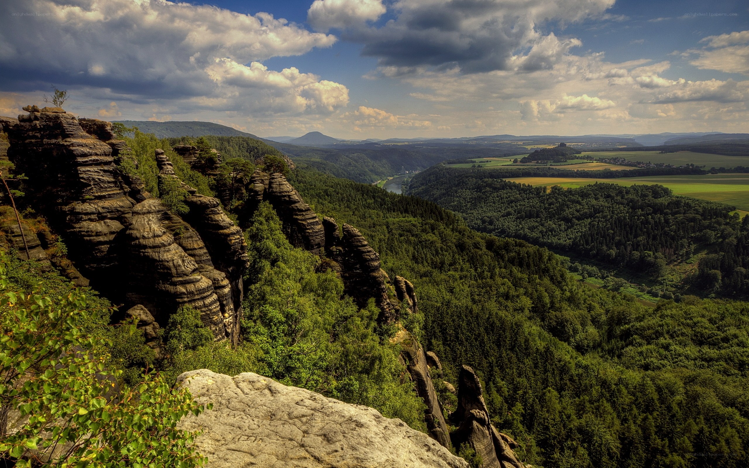 Rock formations over forest valley