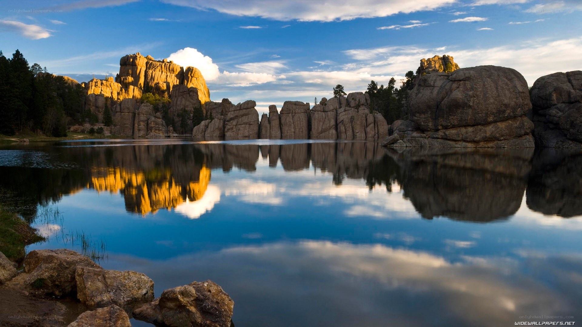 Rock formations reflected in a lake