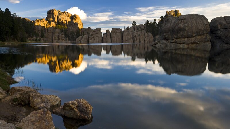 Rock formations reflected in a lake