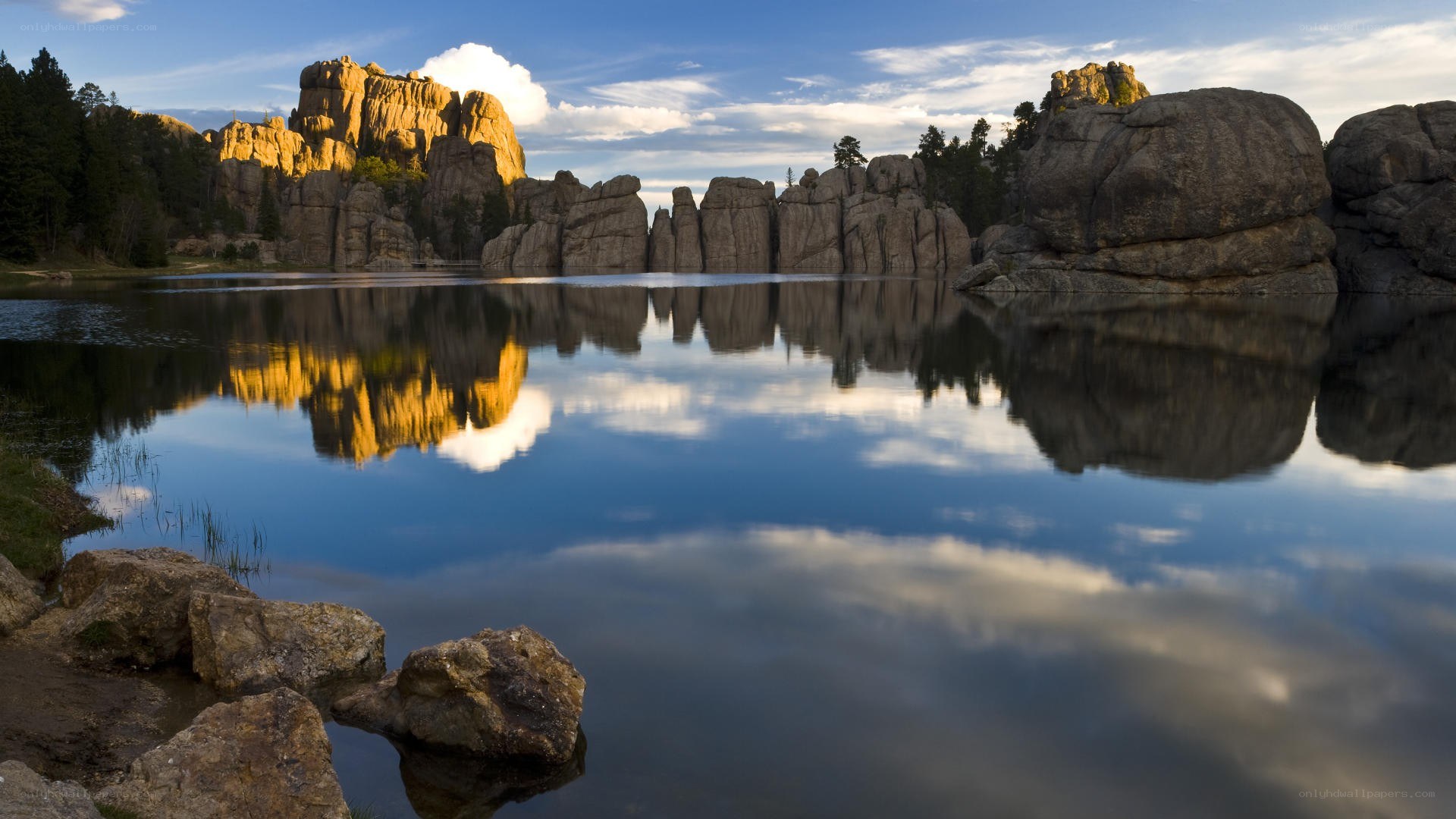 Rock formations reflected in a lake