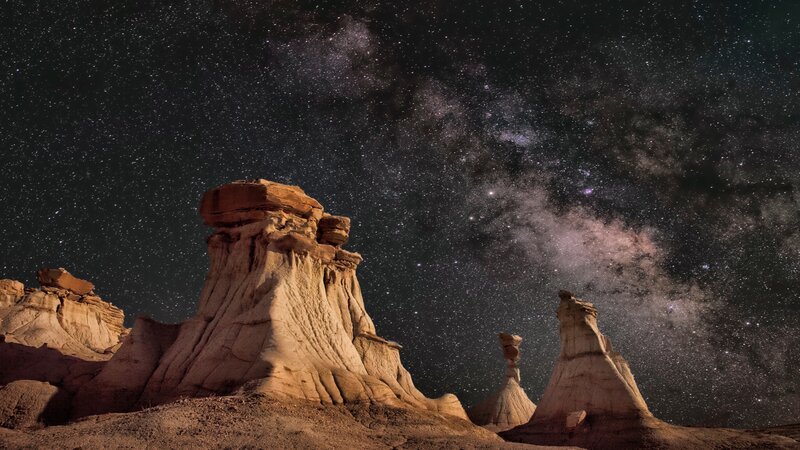 Rock Formations under Stars — Black, Serene, Night, Photograph, Milky Way, Desert