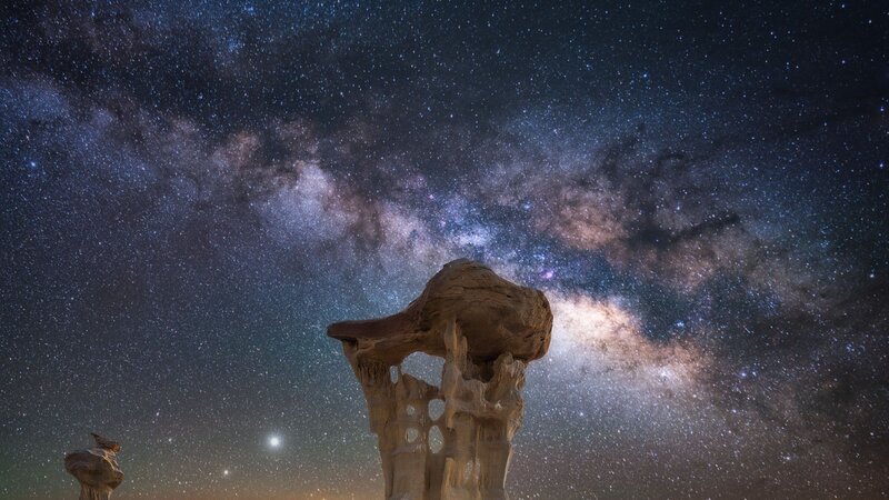 Rock Formations under Stars — Black, Serene, Night, Photograph, Milky Way, Night Sky