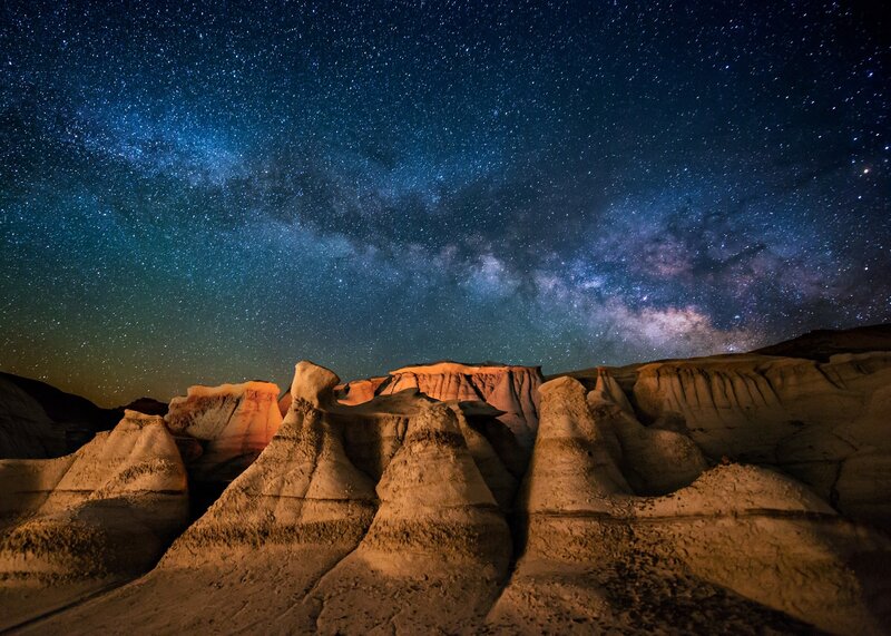 Rock Formations under Stars — Blue, Dramatic, Night, Photograph, Milky Way
