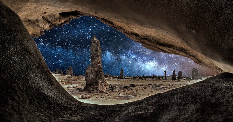 Rock Formations under Stars — Blue, Dramatic
