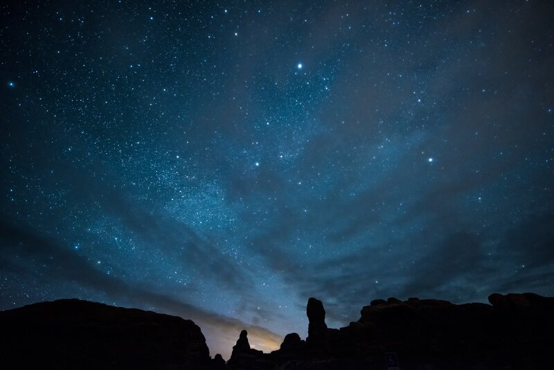 Rock Formations under Stars — Blue, Serene, Night, Photograph