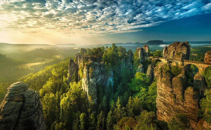 Rock Formations with Bridge — Green, Dramatic, Sunrise