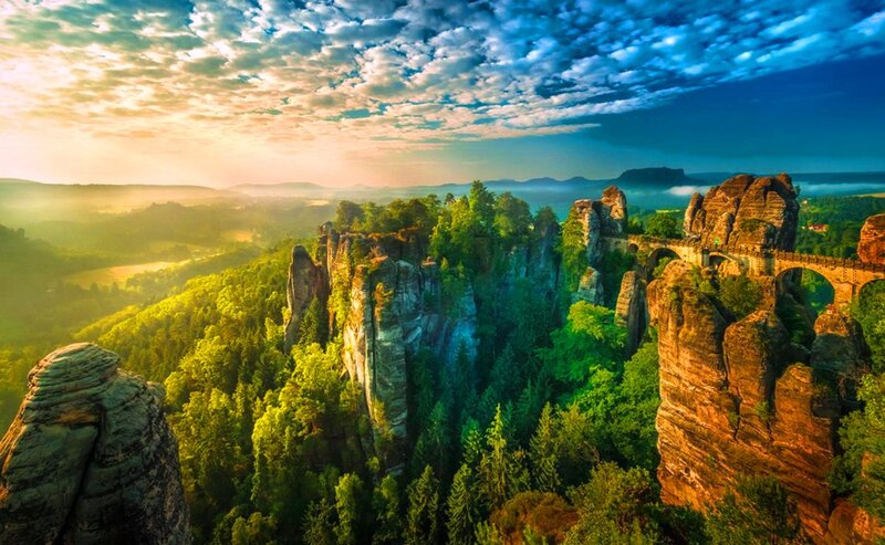 Rock Formations with Bridge — Green, Dramatic