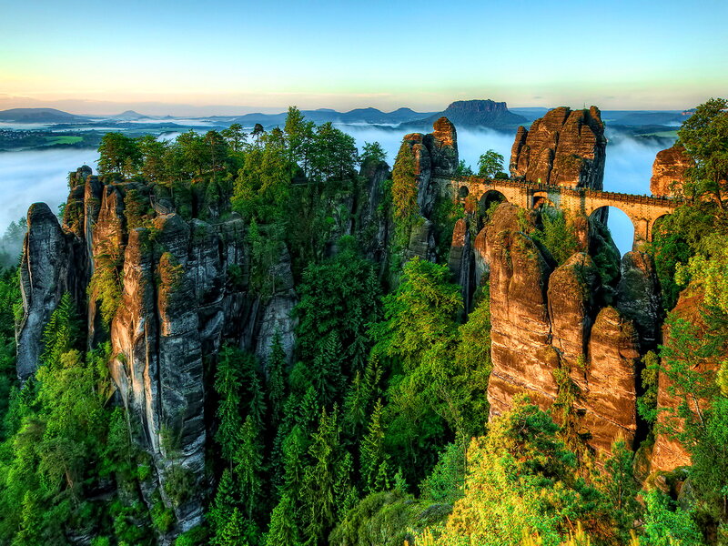 Rock Formations with Bridge — Green, Serene