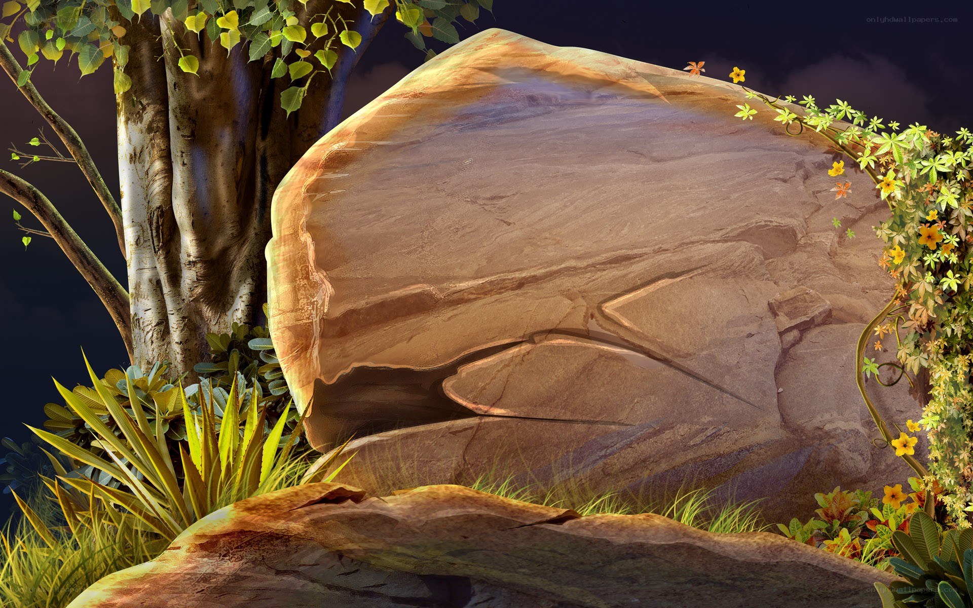 Rock in a lush garden