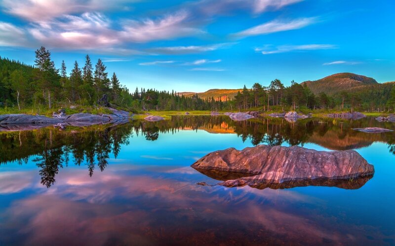 Rock in Calm Lake — Blue, Serene, Sunset
