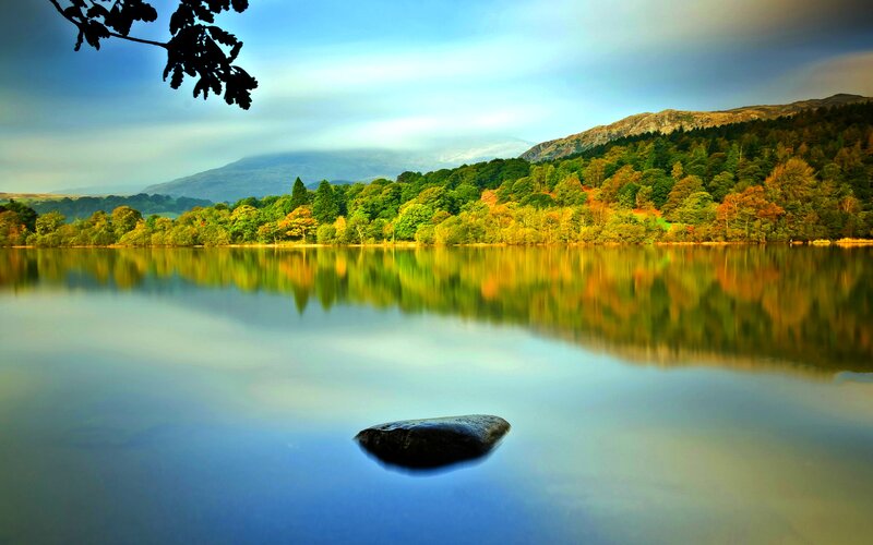 Rock in Calm Lake — Blue, Serene