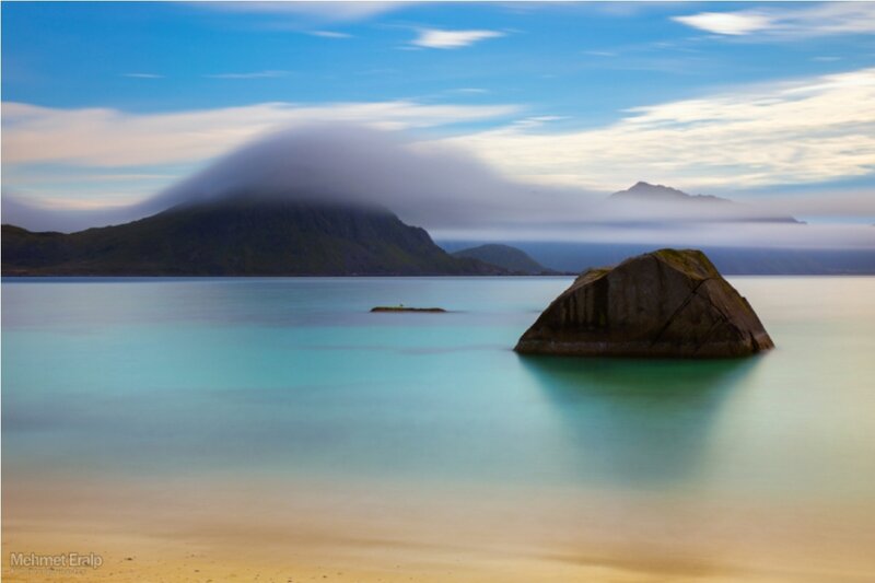 Rock in Calm Water — Blue, Serene, Morning, Photograph, Mountain