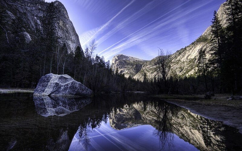 Rock in Calm Water — Blue, Serene, Morning, Photograph, Mountain, Trees