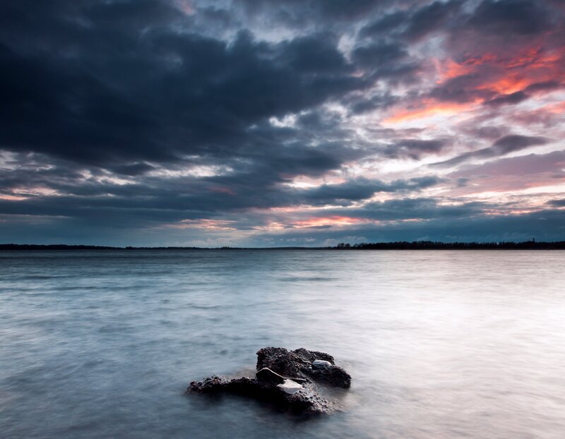 Rock in Calm Water — Gray, Dramatic, Sunset
