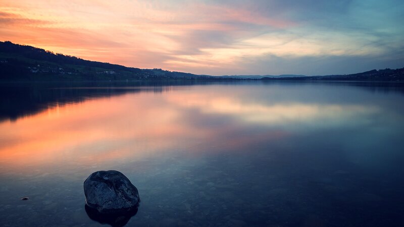 Rock in Calm Water — Orange, Serene, Sunset, Photograph, Lake