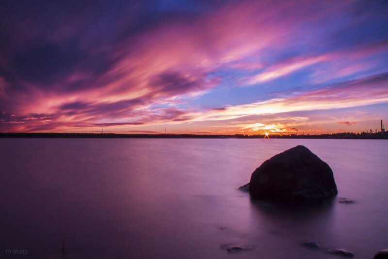 Rock in Calm Water — Purple, Serene, Sunset
