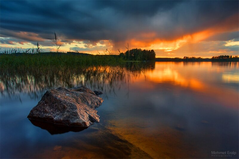 Rock in Lake at Sunset — Orange, Dramatic