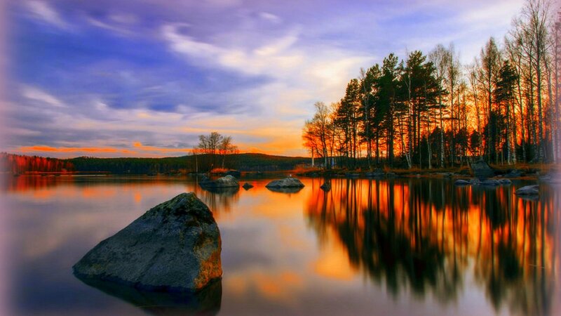 Rock in Lake at Sunset — Orange