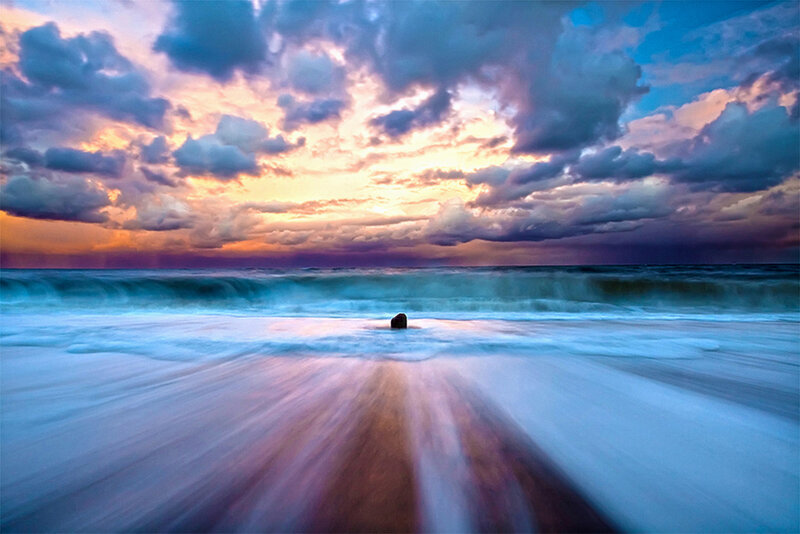 Rock in Ocean at Sunset — Blue