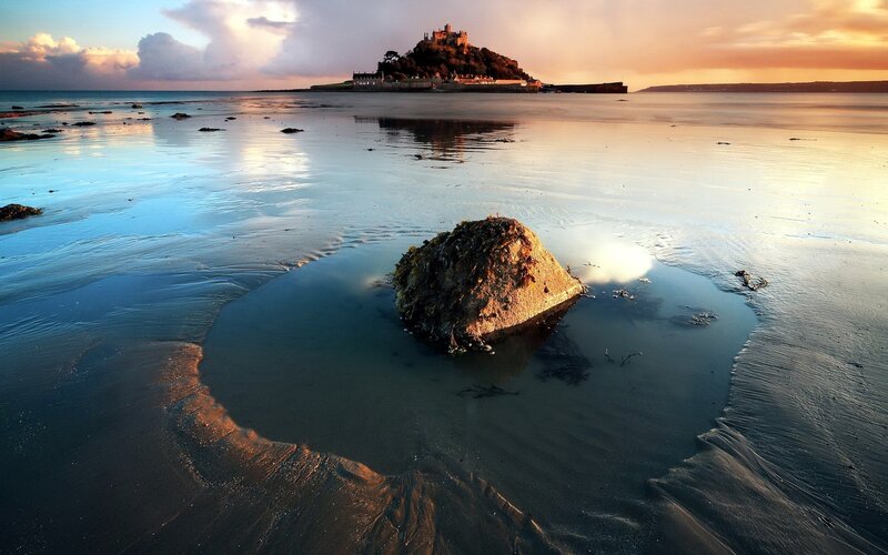 Rock in Tidal Pool — Blue, Serene, Sunset, Photograph, Castle