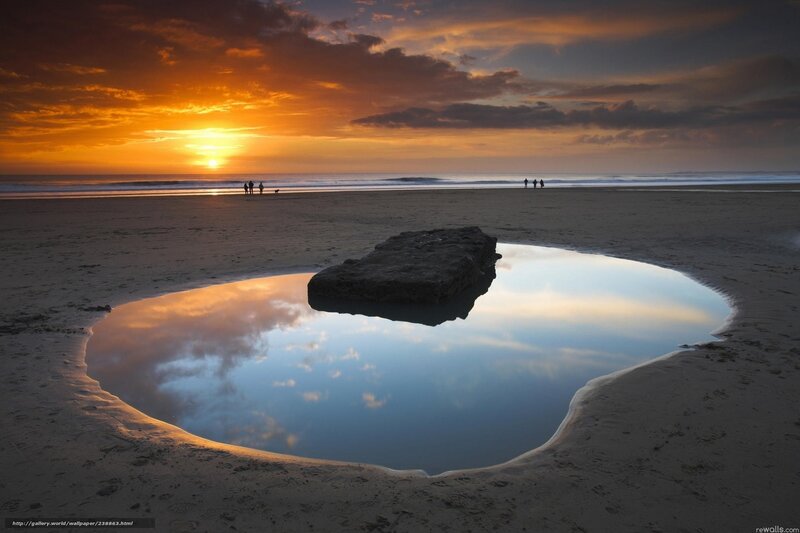 Rock in Tide Pool — Orange, Serene, Sunset, Photograph