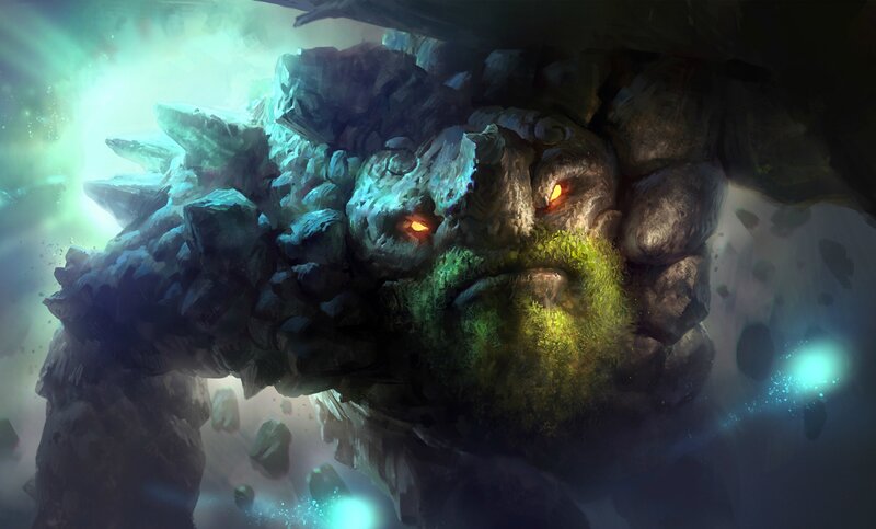 Rock Monster with Glowing Eyes — Green, Dramatic, Digital Art