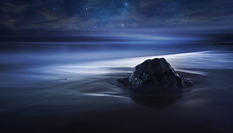 Rock on Beach at Night — Blue, Serene