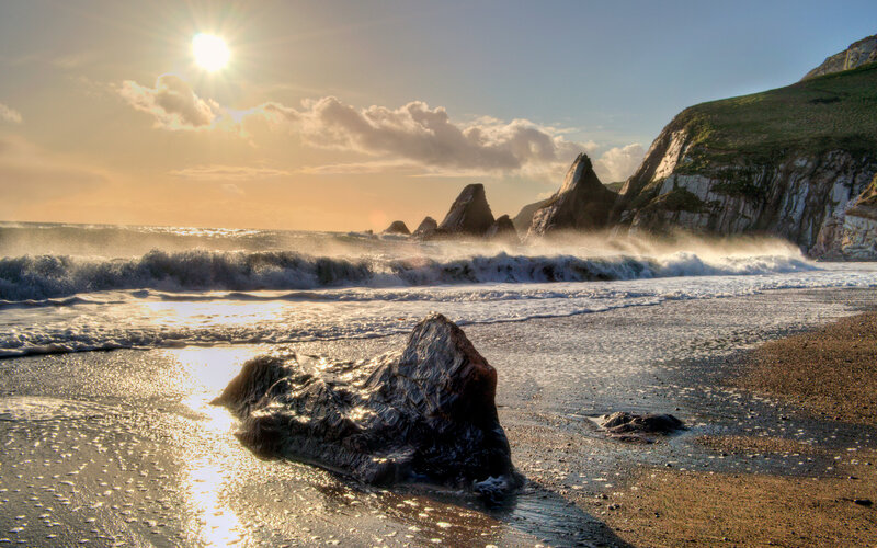 Rock on Beach at Sunset — Blue, Dramatic, Photograph