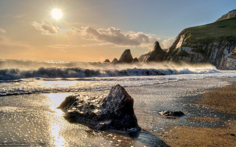 Rock on Beach at Sunset — Blue, Dramatic, Photograph, Waves, Cliffs